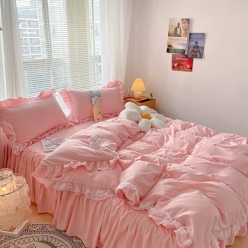 Miniatura 7 de MOOWOO Chic - Juego de funda de edredón de poliéster y encaje con volantes, ropa de cama rosa para niña, funda de edredón de 3 piezas con cierre de