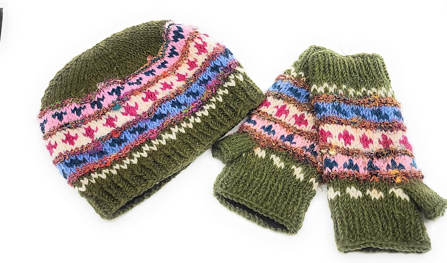 Hand Knit Wool & Recycled Silk Beanie Hat & Fingerless Gloves Set Fleece Lined Made in Nepal