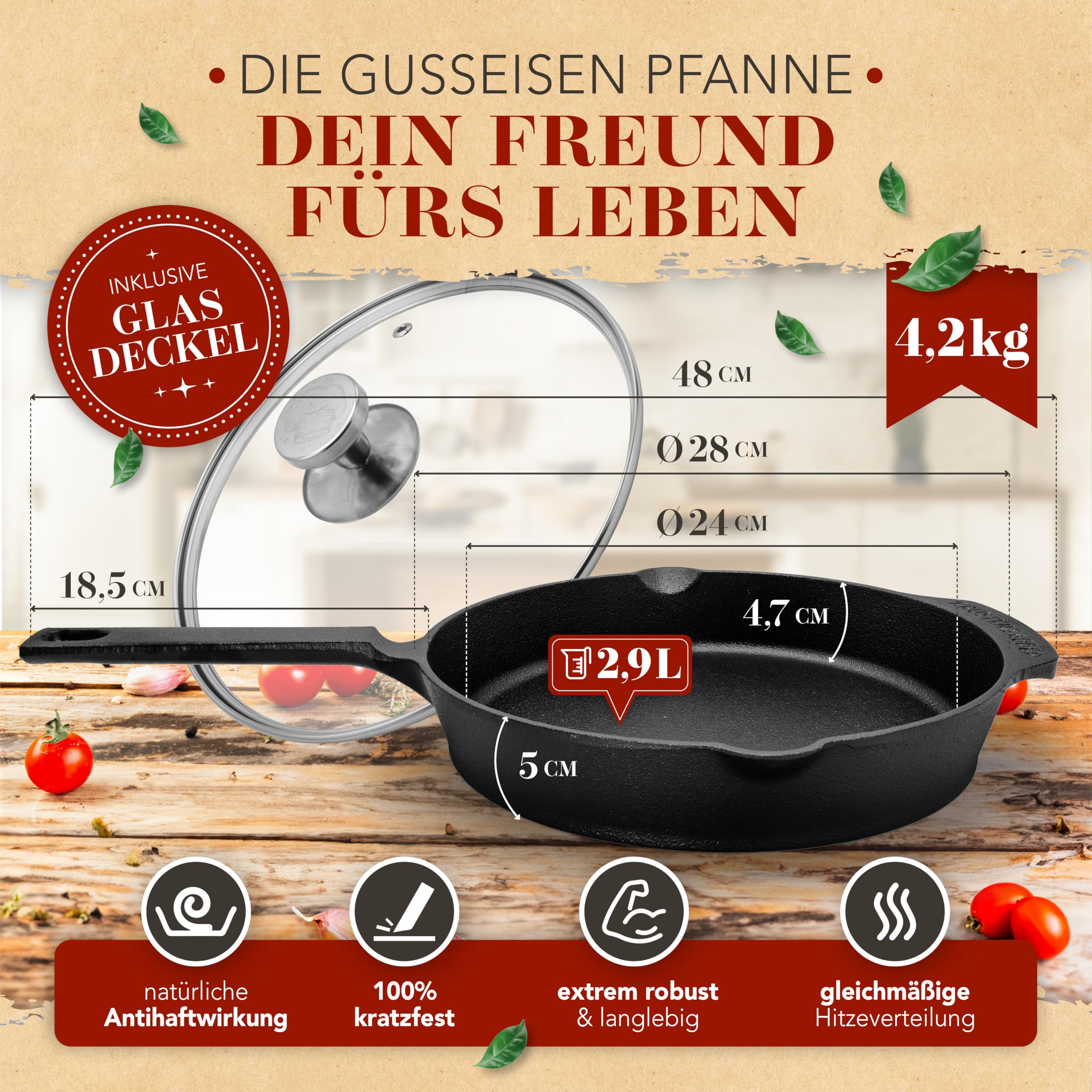 KRUSTENZAUBER 28cm Gusseisenpfanne Induktion Set - Voreingebrannte Gusseisen Pfanne - Ideale Grillpfanne Induktion, Eisenpfanne, Cast Iron Pan, Bratpfanne, Gusseiserne Pfanne Skillet Gusspfanne
