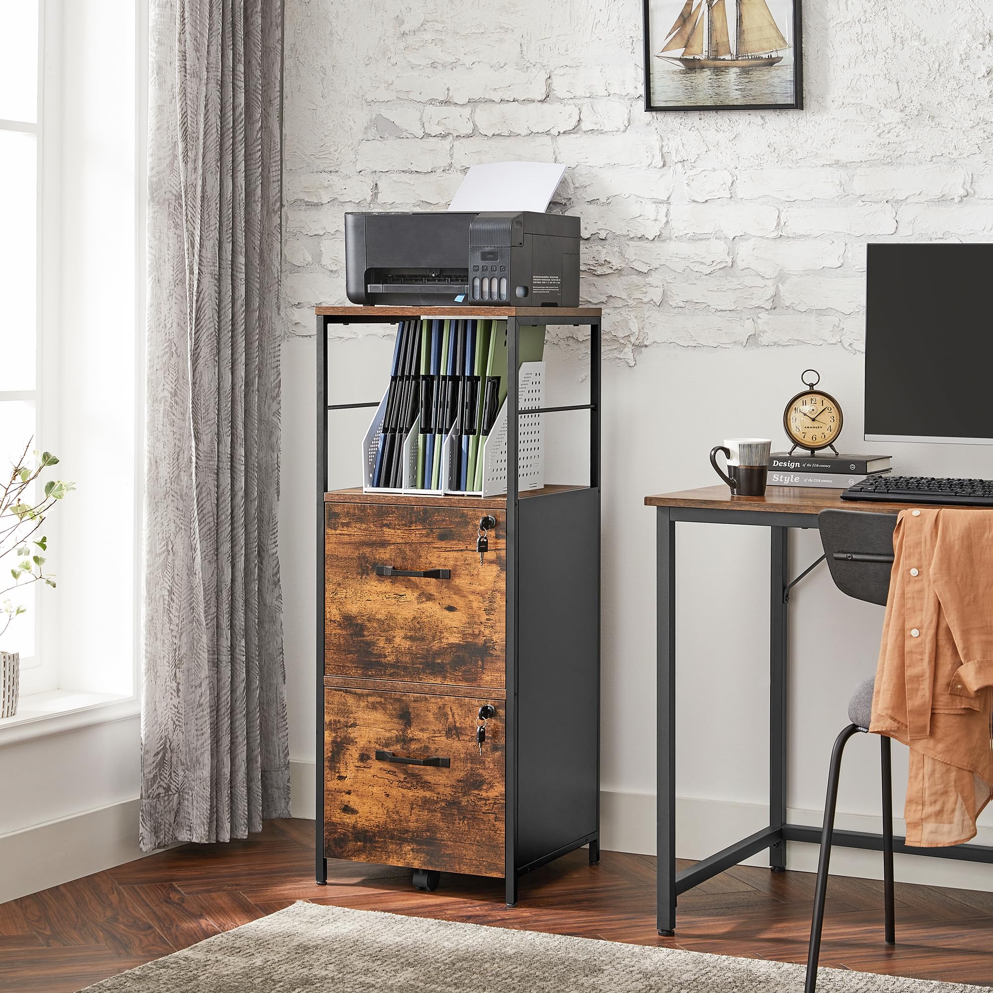 VASAGLE Caisson de Bureau 2 tiroirs, Placard de Rangement, Cadre en Acier, Format A4, Support pour Imprimante, Pieds Réglables, Style Industriel, Marron Rustique et Noir OFC045B01