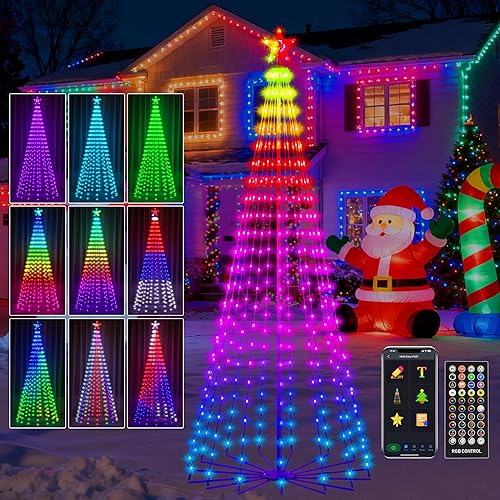 Árbol de Navidad iluminado para exteriores de 8 pies, árbol de cono inteligente de 340 LED, luces de hadas RGB con sincronización de música,
