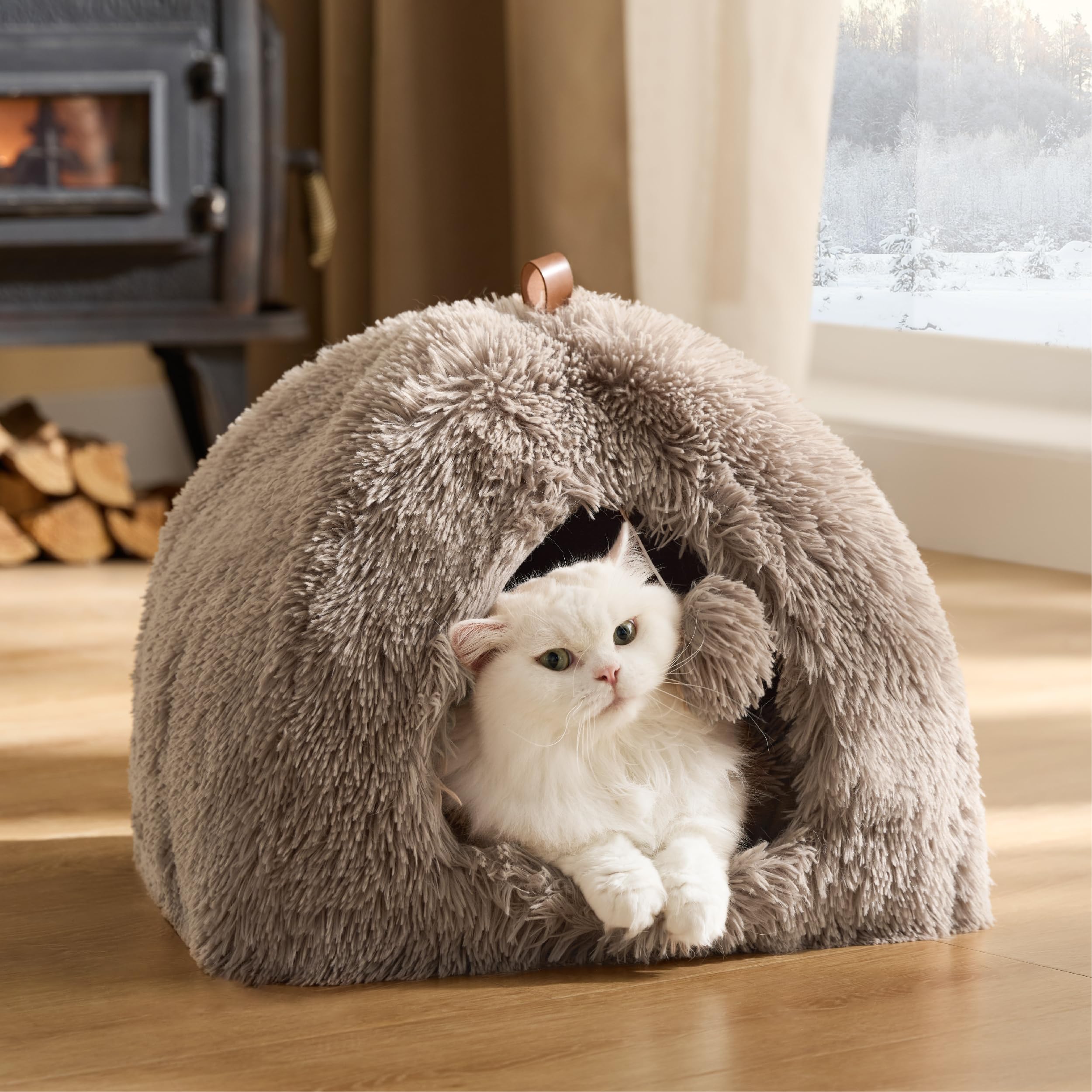 Bedsure Lit Grotte Chat Igloo - Maison Chat Moelleuse, 40x40cm | Coussin Amovible Lavable, Lit Animal Pliable Portable, Peluche Douce, Camel