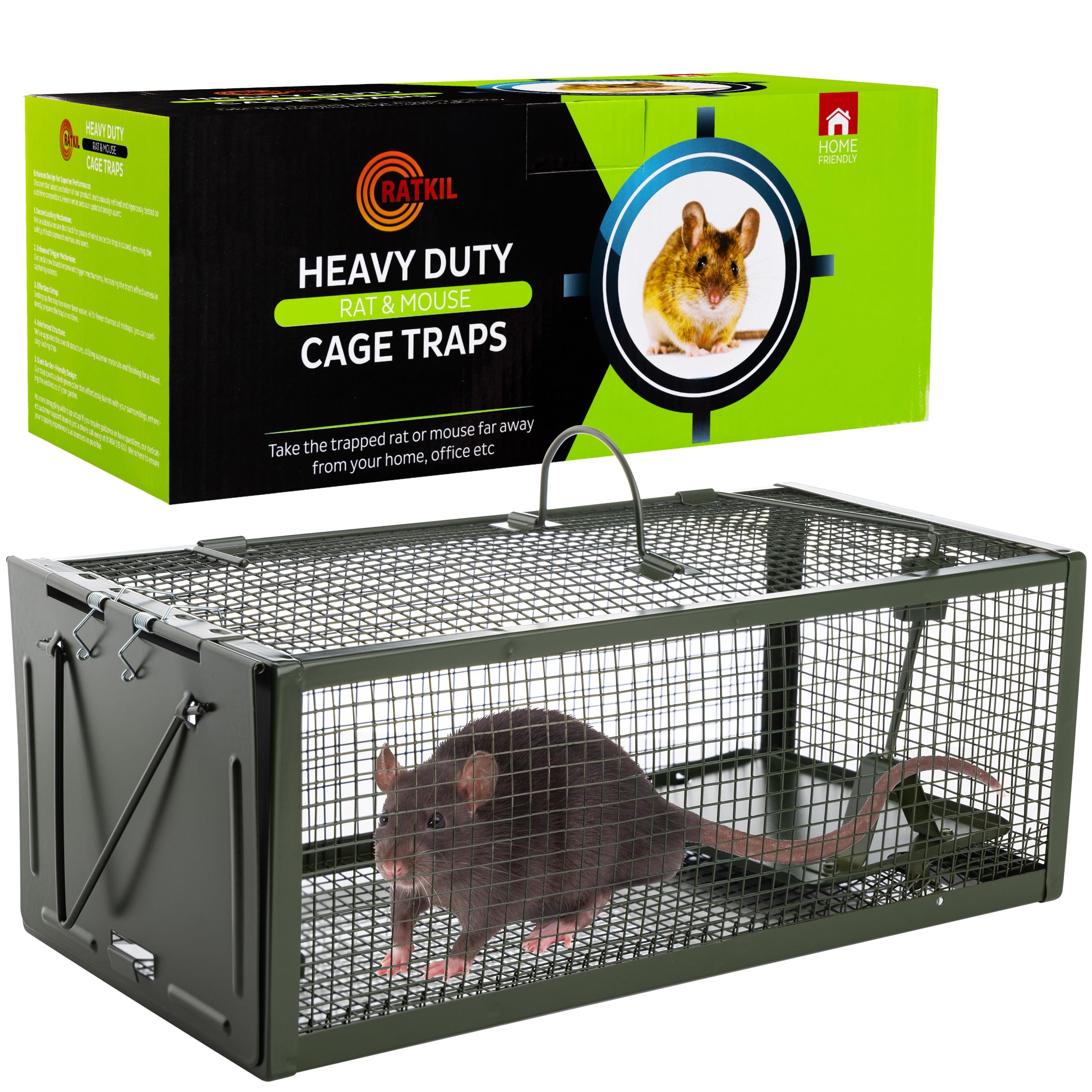 Ratkil Live Rat Cage Trap - Humane Mouse Traps & Rat Traps for All Weather - Home & Animal Friendly Control (Large) - Reusable Heavy Duty Solution for Rodent Infestations - Dark Green