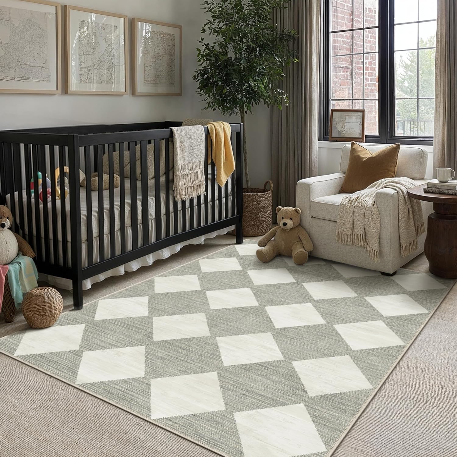 2x8 Runner Checkered Rug for Hallways Beige Washable Long Carpet Non-Slip Low Pile Boho Indoor Accent Throw Rug for Entrance Kitchen Bedroom Dining Laundry