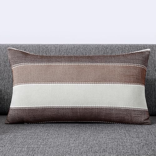 Miniatura 2 de AmHoo Juego de 2 fundas de almohada de lino y algodón, funda de almohada decorativa para sofá o banco, rayas, estilo granja, 12 x 20 pulgadas, marrón