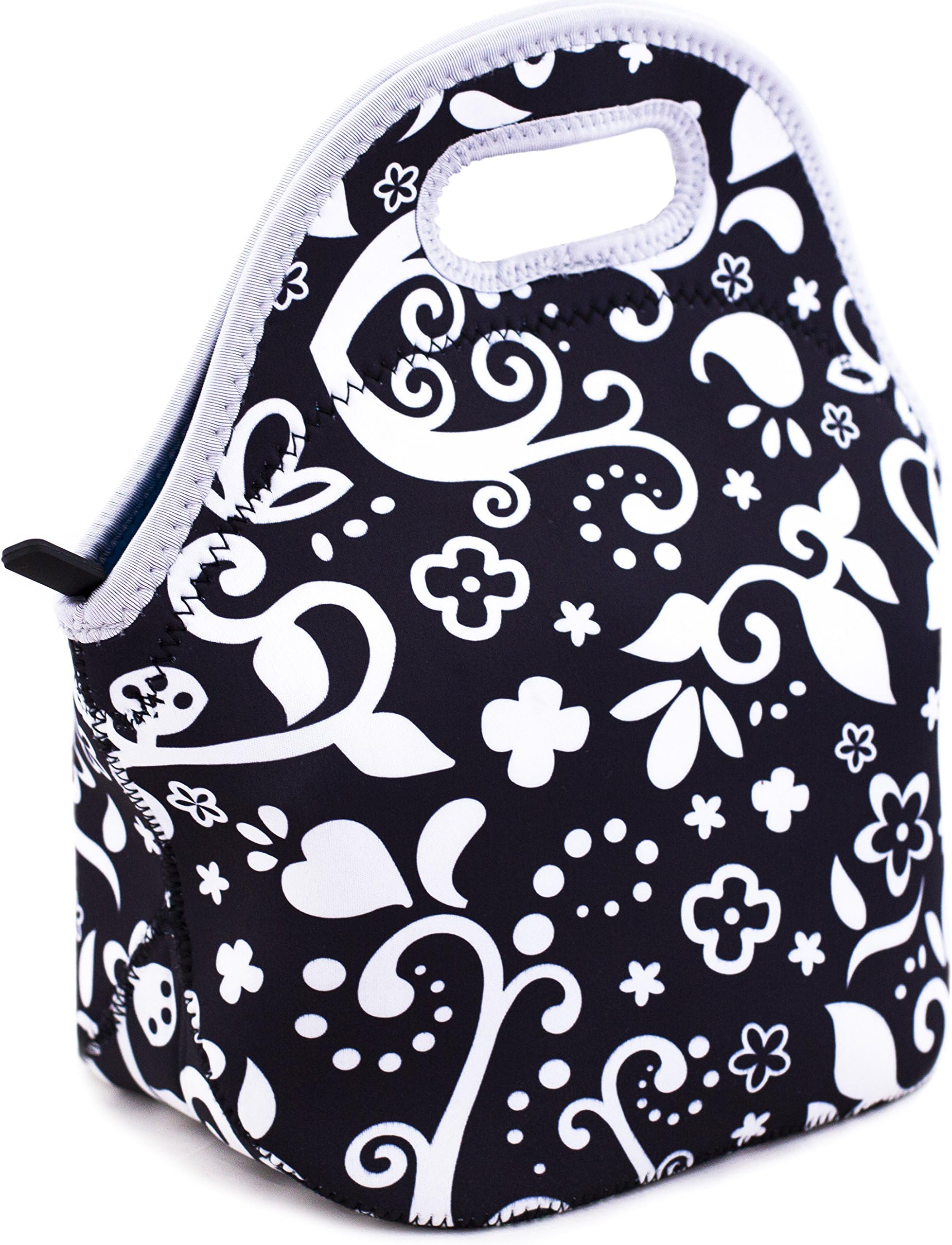 SORELLA White and Black Flower Lunch Bag Insulated Neoprene Design | Zipper Top & Flat Bottom With Ergonomic Handle | Reusable Lunch Tote Thermos For Adults & Kids | Snacks, Fruit, Food & Drinks