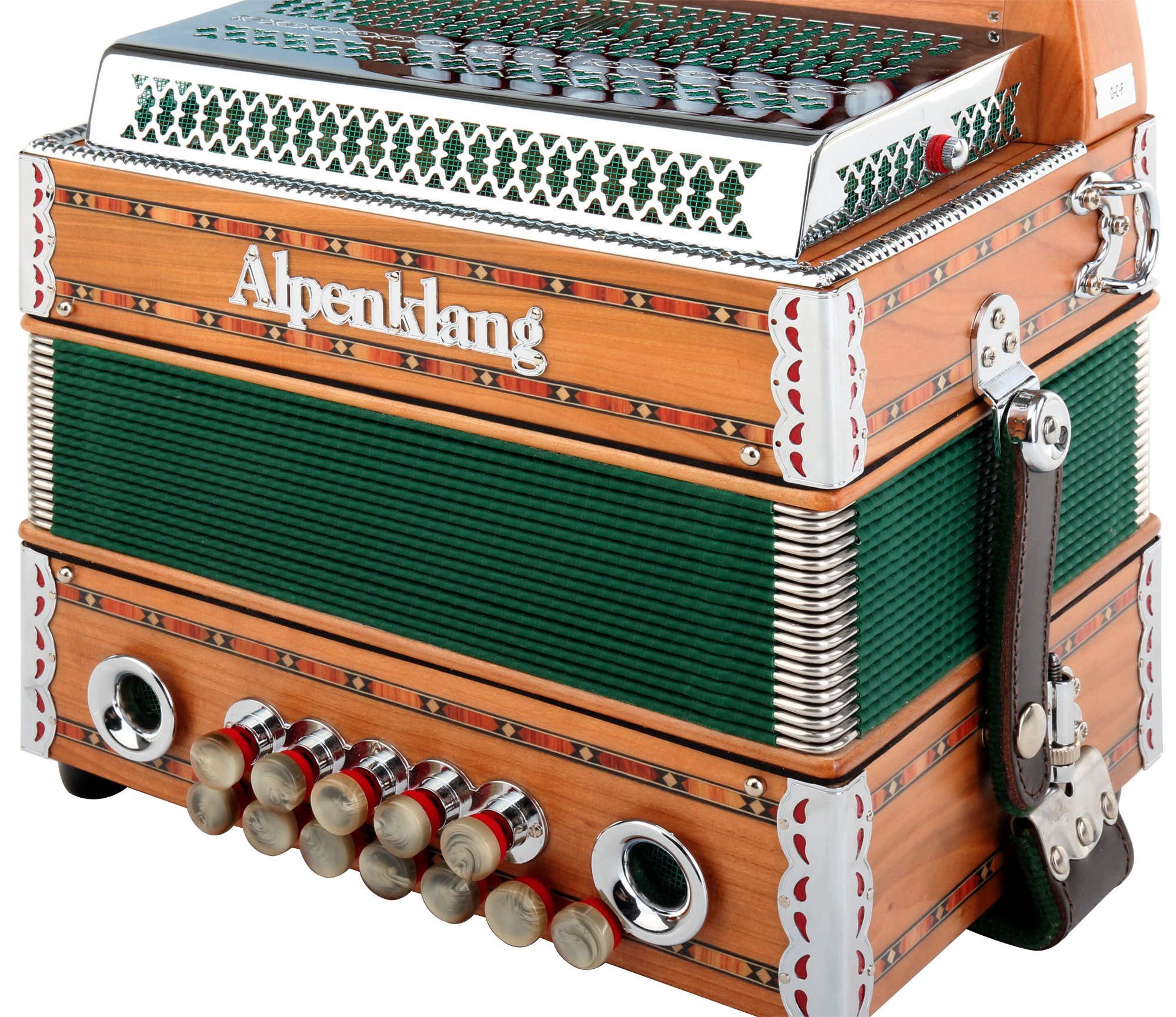 Alpenklang Steirische Harmonika "Mini" massiv aus Kirschholz (G-C-F Stimmung, 31 Knopftasten, 11 Helikon-Bässe, 3-reihig, inkl. Rucksack-Case)