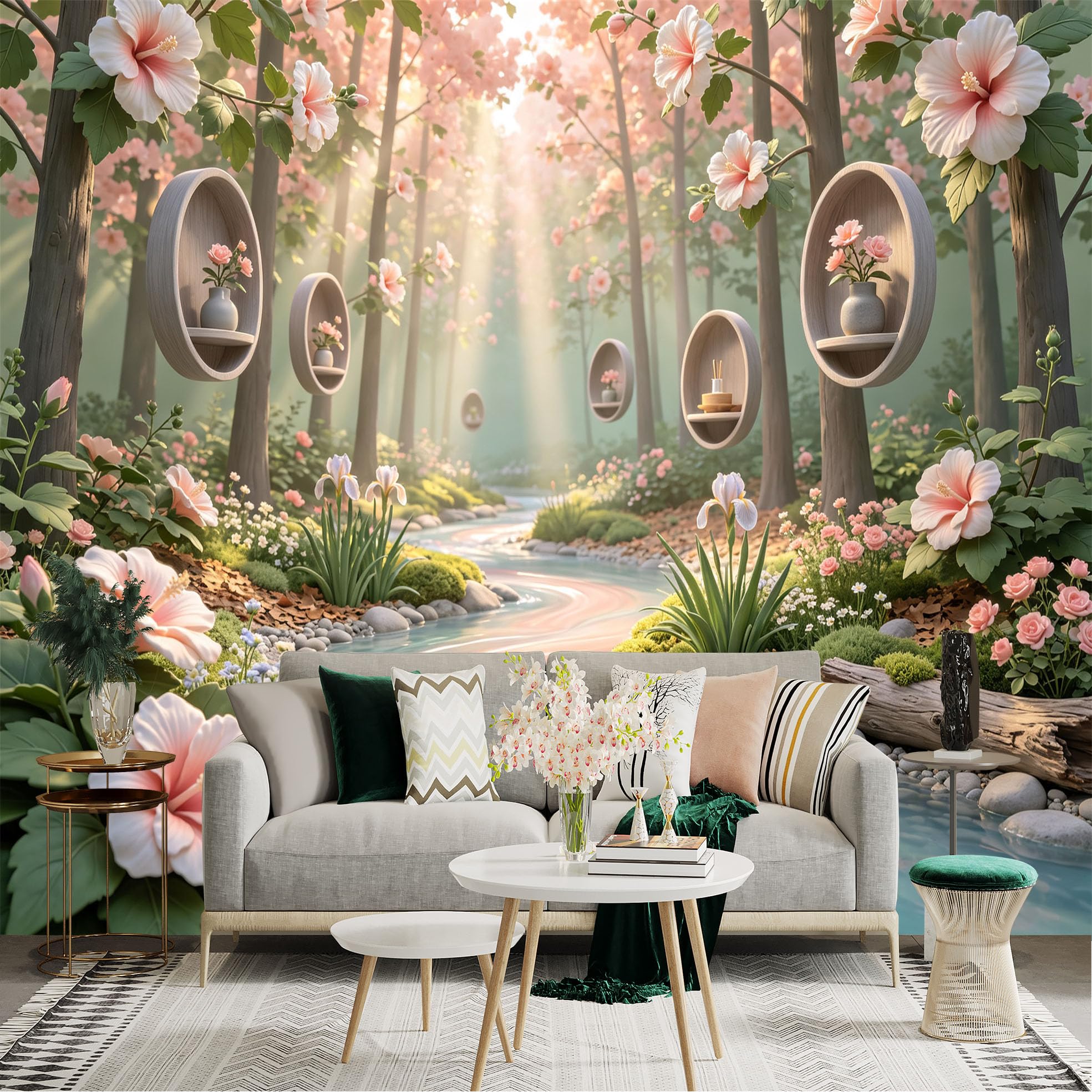 Lnzczhyre Bh260719037 Custom Size Wall Sticker Mural， Dreamy Forest With Floating Wooden Shelves， Serene River And Soft Pastel Flowers， For Wall Decoration， Peelandstick Wall Decals.