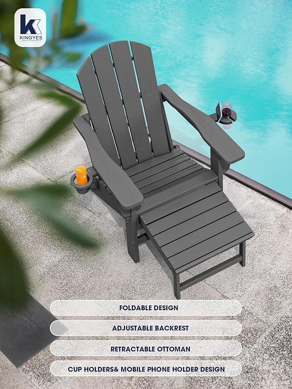 KINGYES Folding Adjustable Adirondack Chair with Ottoman & 2 Cup Holders Set of 4, HDPE Adirondack Recliner Chair with Footrest, Grey image 5