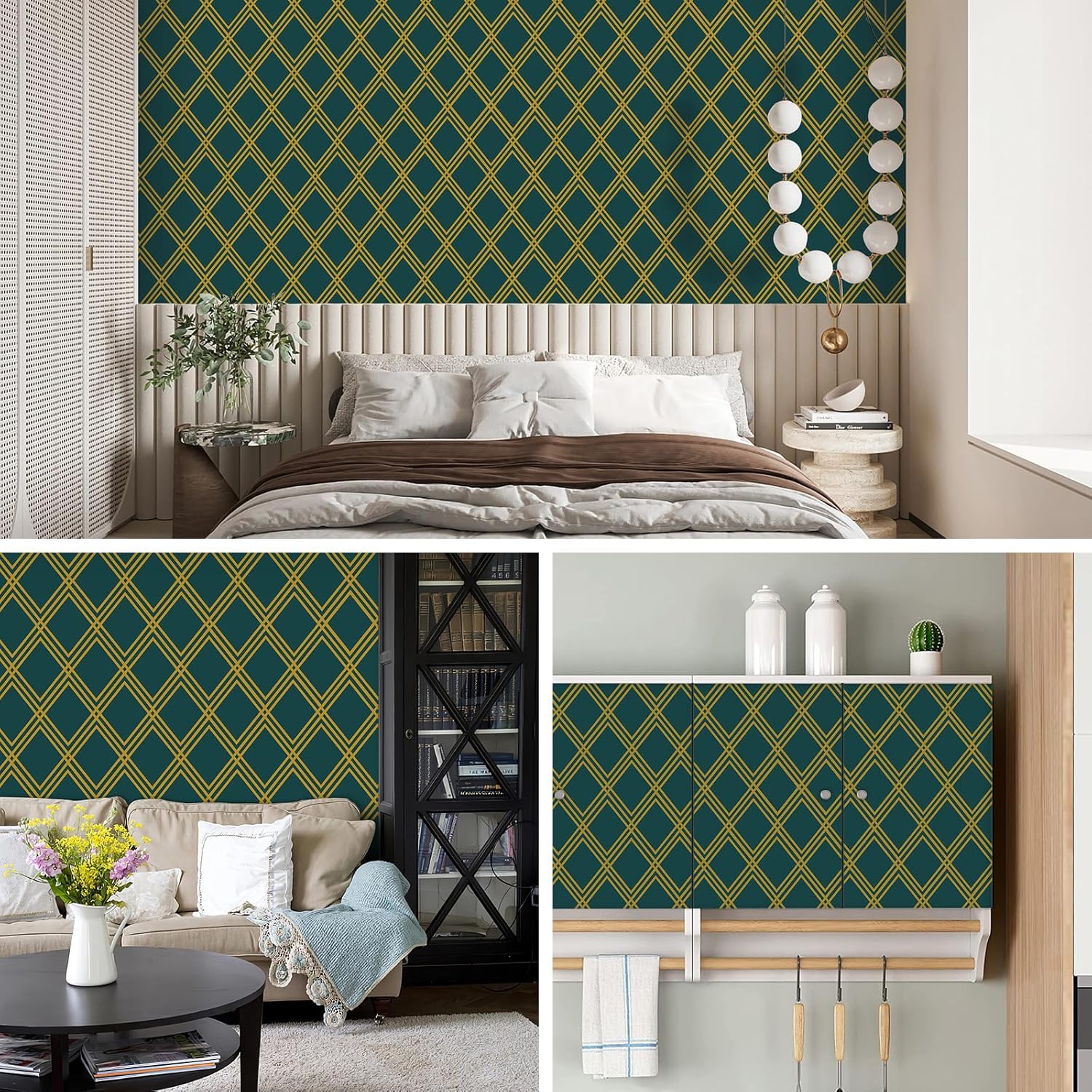 Ohmywor Peel and Stick Wallpaper 17.7 in x 393.7 in Dark Green and Gold Wallpaper, Diamond Geometric Wallpaper Contact Paper, Self Adhesive Removable Decorative Trellis Wall Covering Vinyl