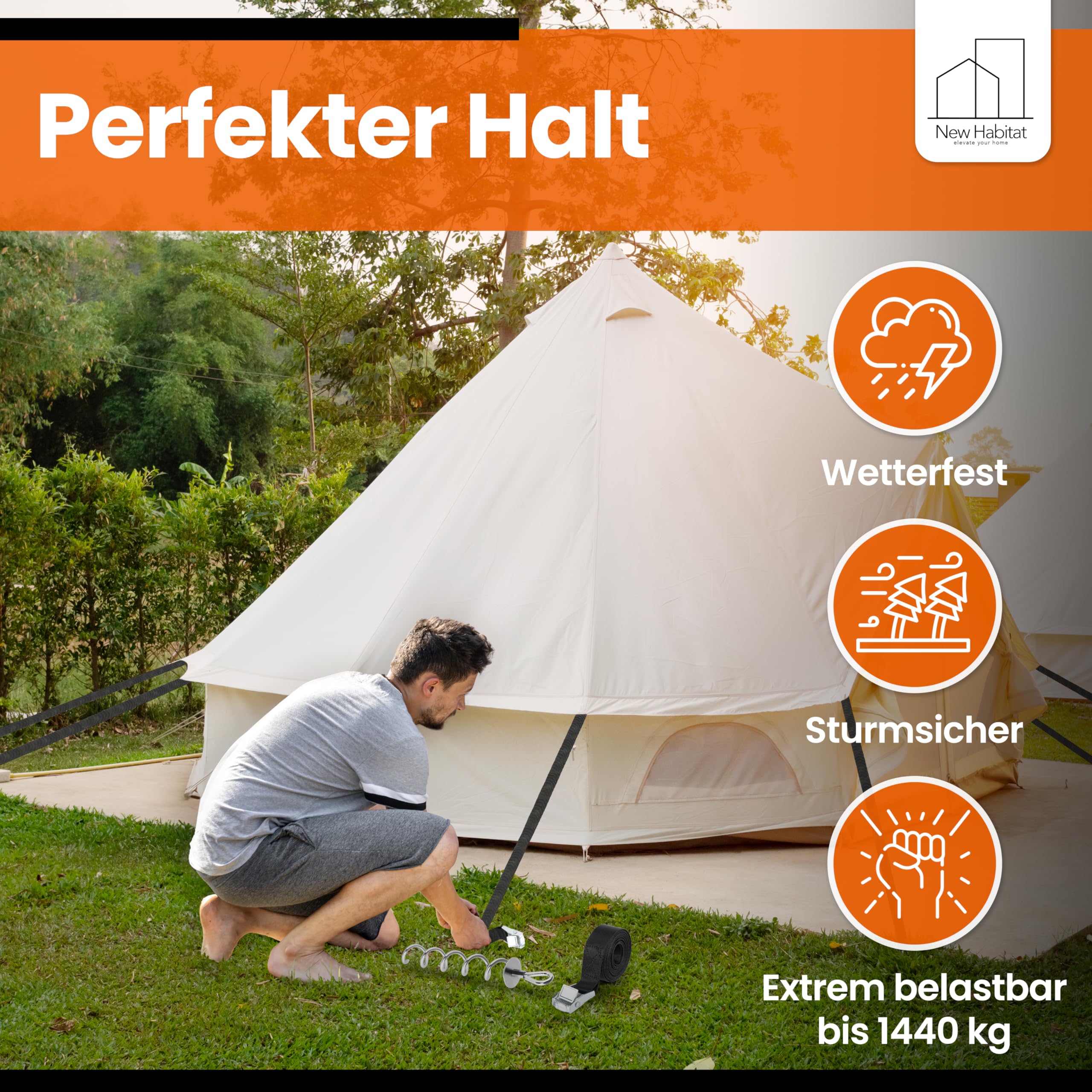 NewHabitat | 8X Erdanker Bodenanker aus Stahl inkl. Gurte | Erdanker Set für Trampolin, Zelt, Pavillion & Schaukel, 18-teiliges Set, 38cm