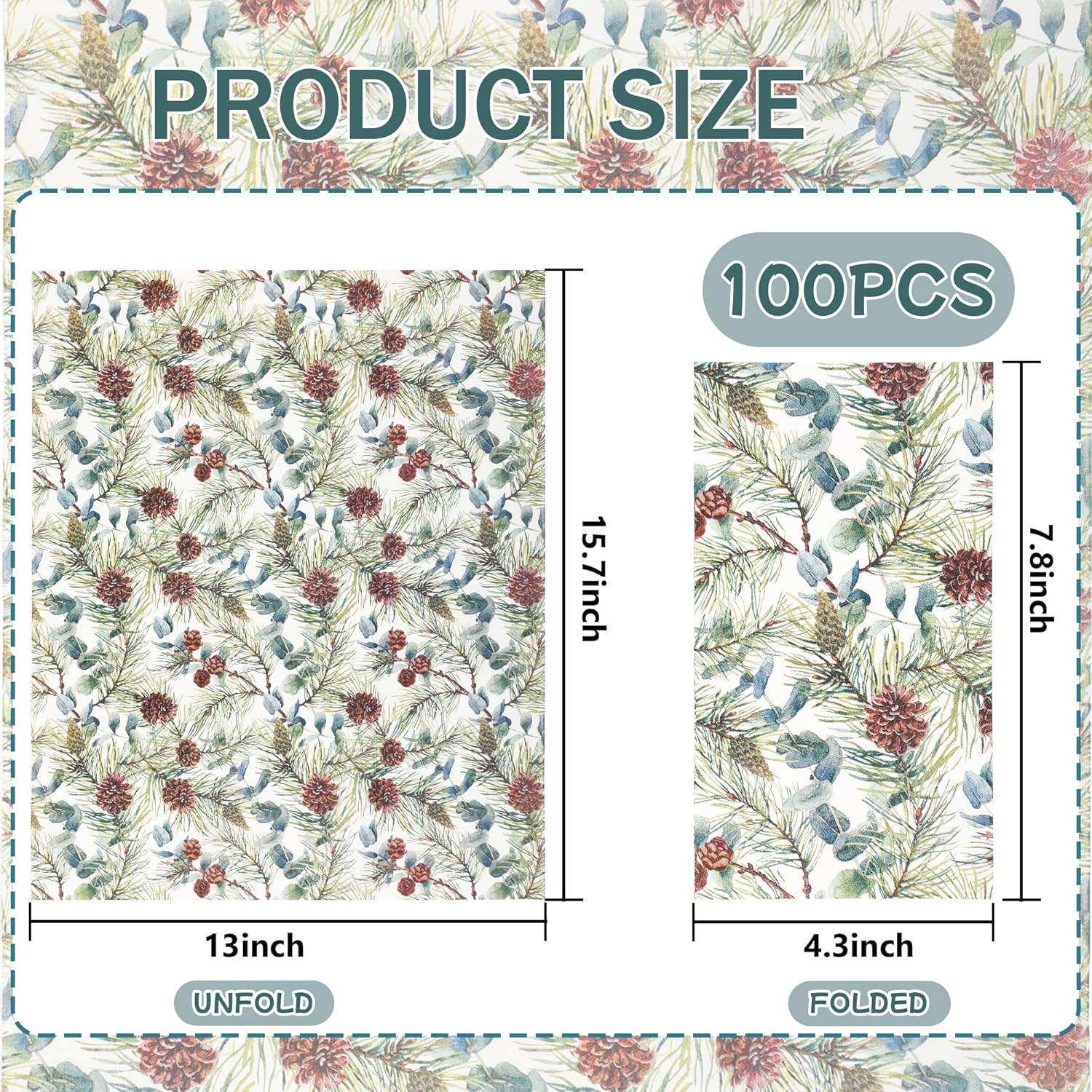 100 Christmas Party Napkins Winter Pine Branches Cones and Eucalyptus Disposable Paper Guest Napkin Watercolor Greenery Holiday Dinner Hand Towel for Party Supplies Table Decor (13 x 15.7inch)