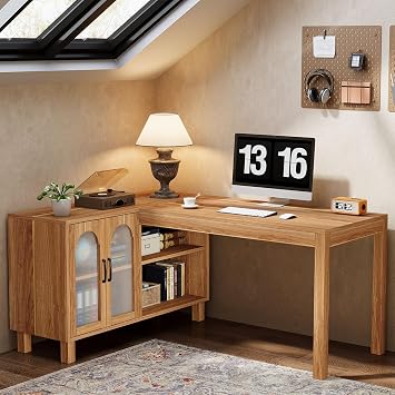 Tribesigns L Shaped Executive Desk, 150cm Large Corner Computer Desk with File Cabinet, Office Furniture with Storage Shelves, Rustic Wood Writing Desk for Home Office, Rustic Brown