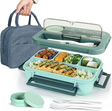 Bento Lunch Box with Insulated Bag 1300ML, Leak-Proof Bento Lunch Box with 4 Compartments, 4-in-1 Meal Prep Container with Cutlery and Sauce Pot for Adults & Kids Green