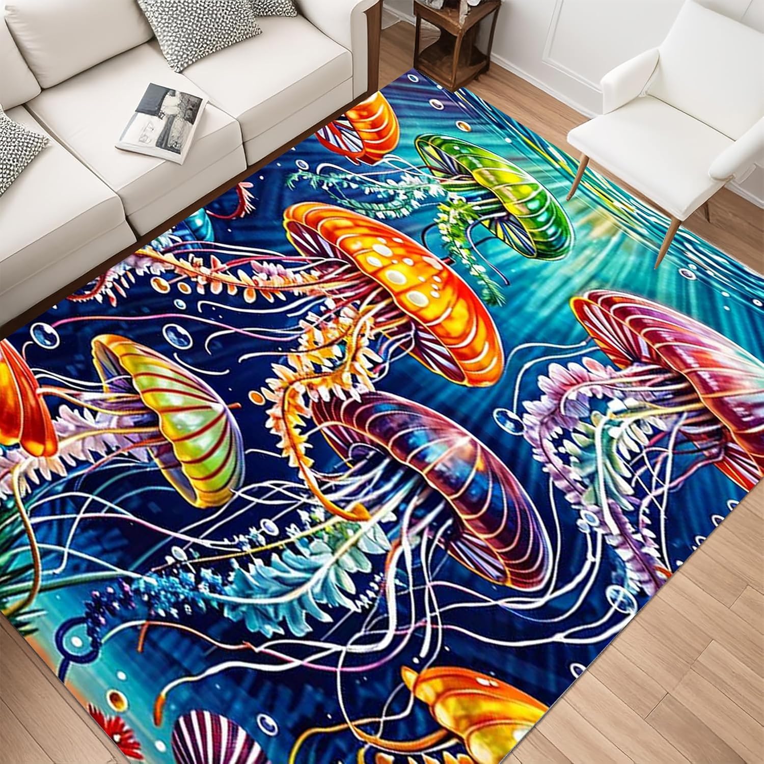 3D Colorful Jellyfish Area Rug, 5x7ft,Ocean Room Decor Jellyfish Area Carpet，Ocean Themed Sea Marine Animal Carpet ， Seashell Coral Non Slip Ocean Rug，for Kids Boys Girls Bedroom