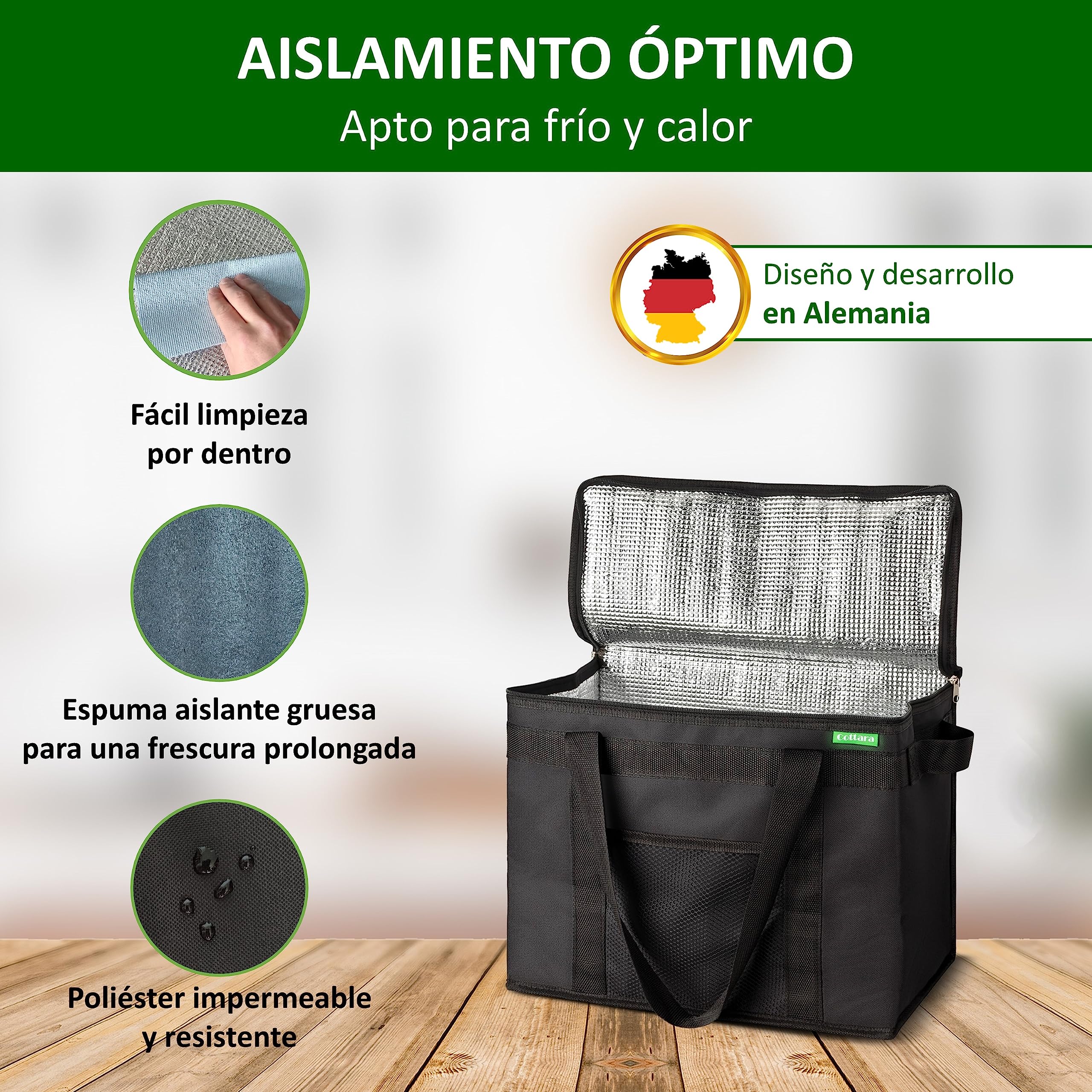 COTTARA Bolsa isotérmica plegable, 2 unidades, bolsa de la compra grande con base reforzada, ideal como bolsa aislante, cesta de la compra, bolsa de picnic, color Negro, talla 40 x 24 x 31 cm