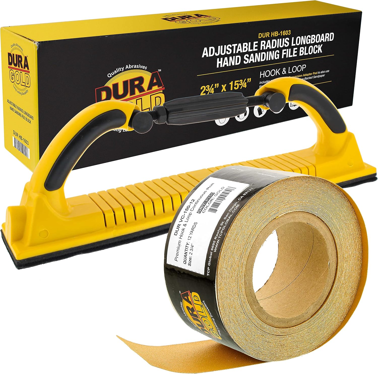 Dura-Gold Pro Series Adjustable Radius Flex Longboard Hand Sanding File Block with Hook & Loop Backing and PSA Adapter Pad & 150 Grit Sandpaper Roll, 2-3/4" Wide, 12 Yards Long