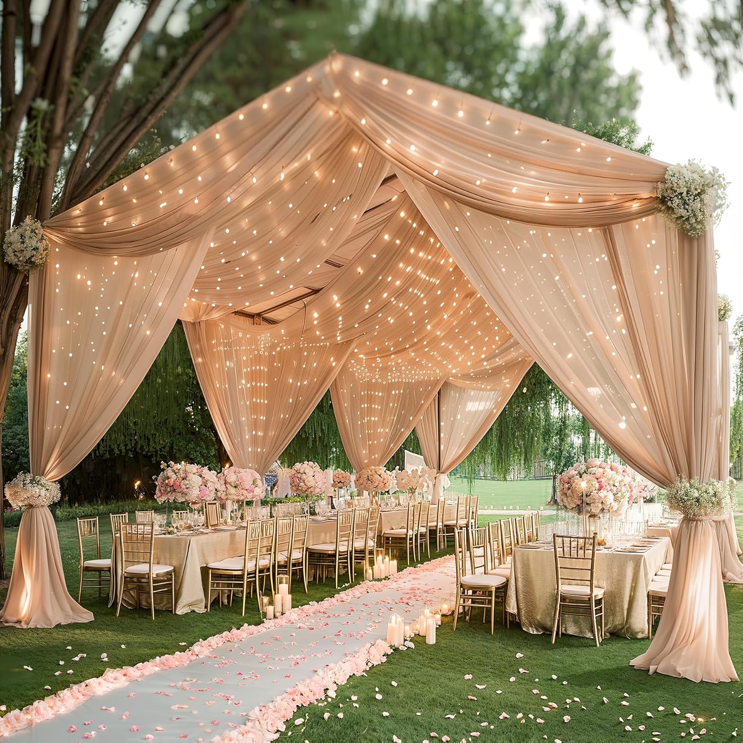 6 Panels Deep Champagne Ceiling Curtains with Lights for Weddings - 5ftx10ft Wrinkle-Free Tulle Fabric Wedding Arch Draping Ceiling Drapes Decorations for Wedding Party Ceremony Stage Tent Event