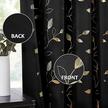 Bujasso Black Blackout Curtains Print Golden Leaf Patterned 54x72 Grommet