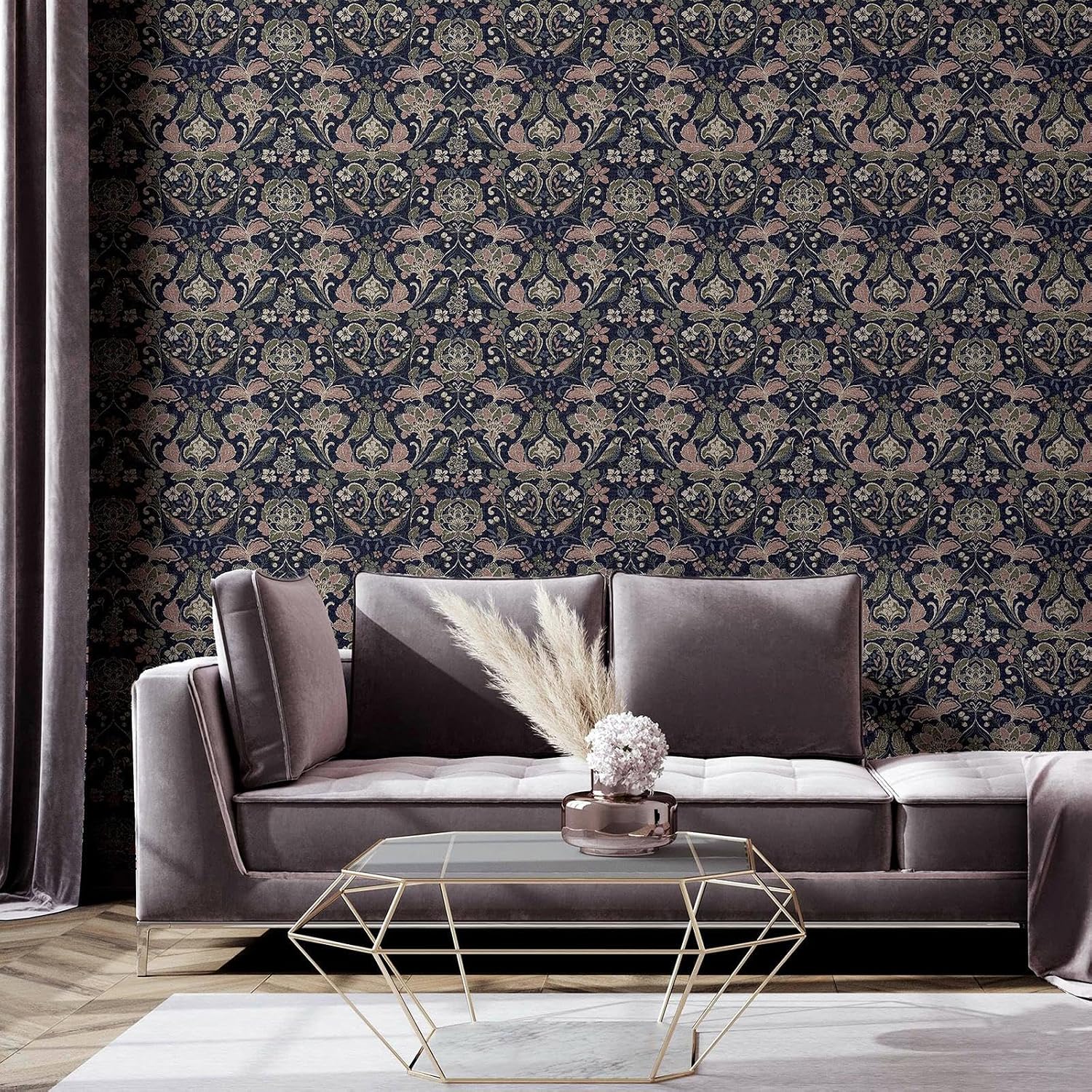 World of Wallpaper Folk Themed Floral Patterned Matte Finish Textured Wallpaper for Living Room and Bedroom - Navy Blue/Pink/Olive Green 946104