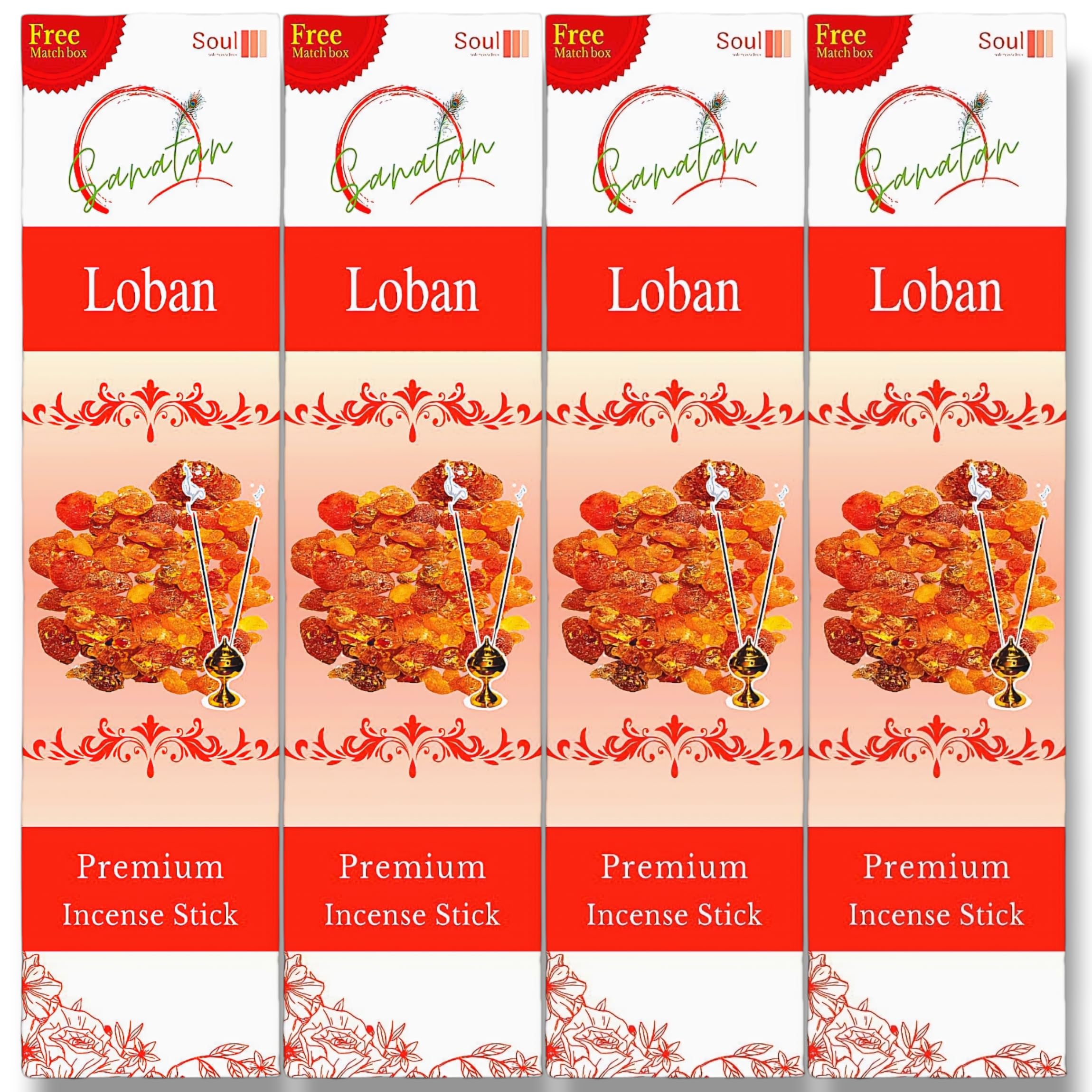 Sanatan Agarbatti 320 Incense Sticks + Free Matchbox/Pack | Premium 9 inch Long Lasting Stick | Pack of 4 | Classic Fragrance | 100% Organic for Puja, Havan, Rituals (Loban)