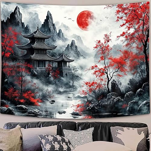 Miniatura 2 de Tapiz de anime japonés negro y rojo, tapiz de bosque de montaña con flor de cerezo para colgar en la pared, tapiz de paisaje de naturaleza asiática