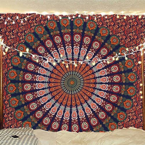 Miniatura 5 de Tapiz hippie indio bohemio psicodélico azul dorado pavo real mandala colgante en la pared (rojo dorado, verde, Queen (84 x 90 pulgadas) (84.6 x 90.6
