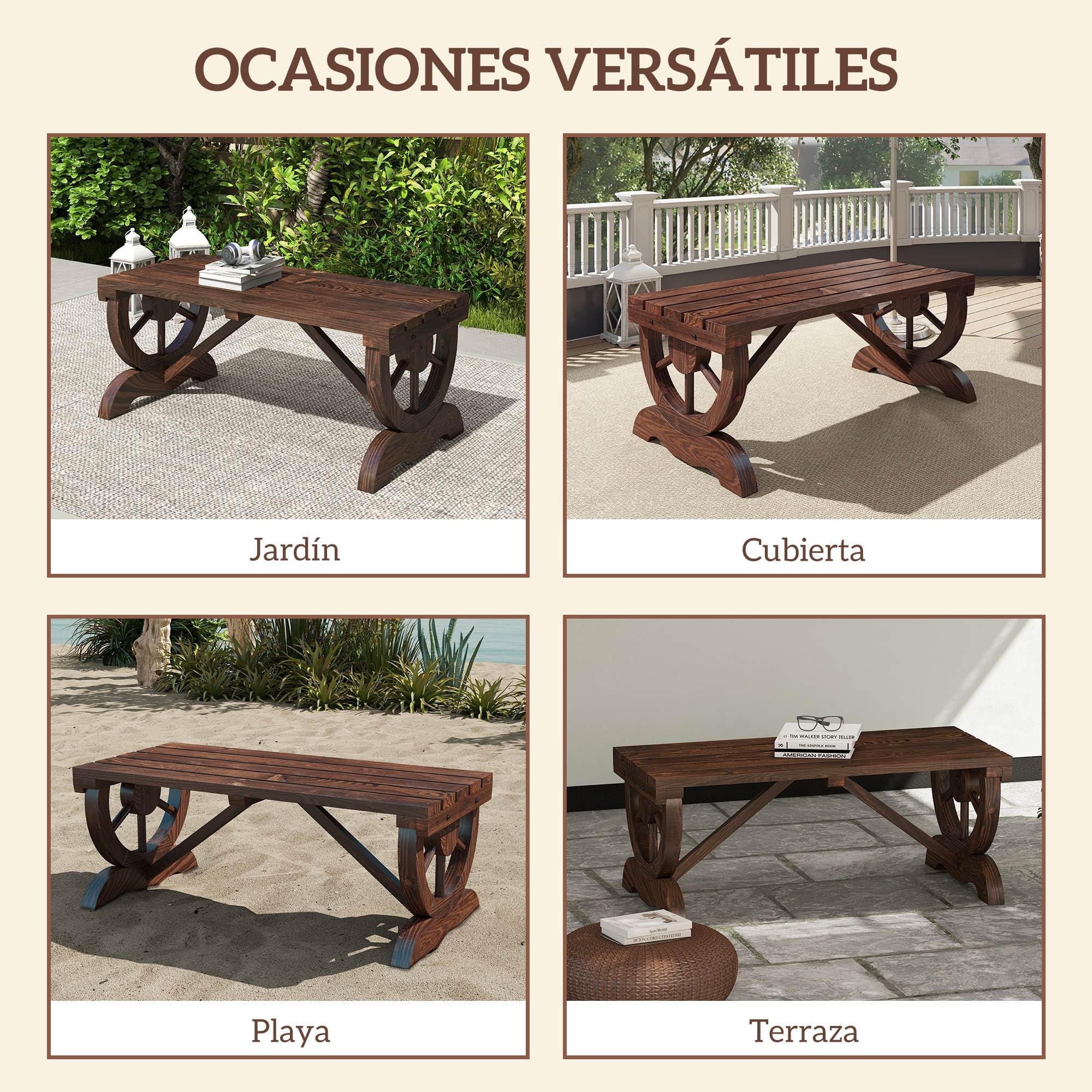 Outsunny Banco de Jardín de 2 Plazas Banco de Madera con Ruedas Decorativas Estilo Rústico Carga 250 kg para Patio Terraza Balcón 98x50x39,5 cm Carbonizado