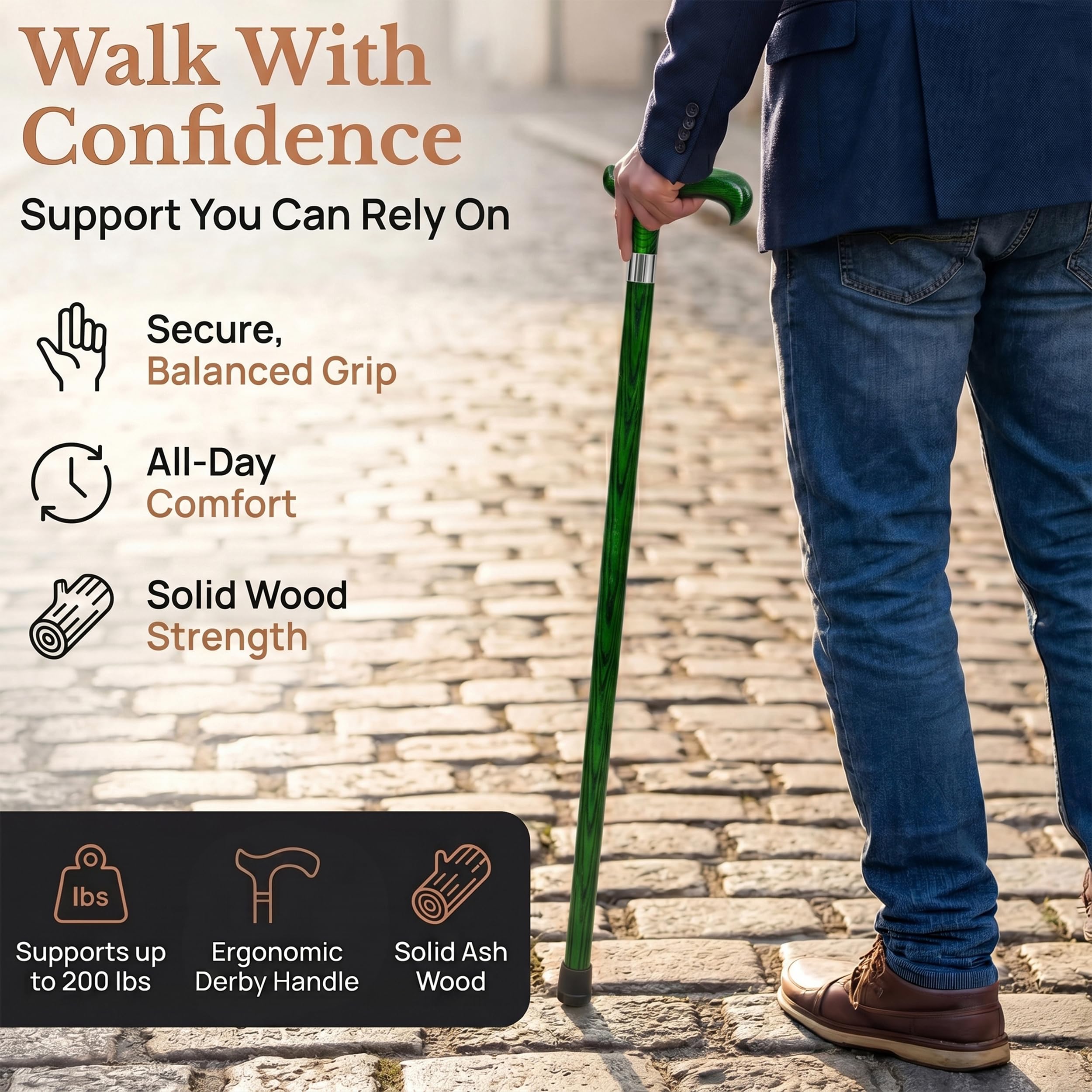 Dr. Watson Classic Derby Walking Stick – Handcrafted Ash Wood Cane with Polished Stainless Steel Collar