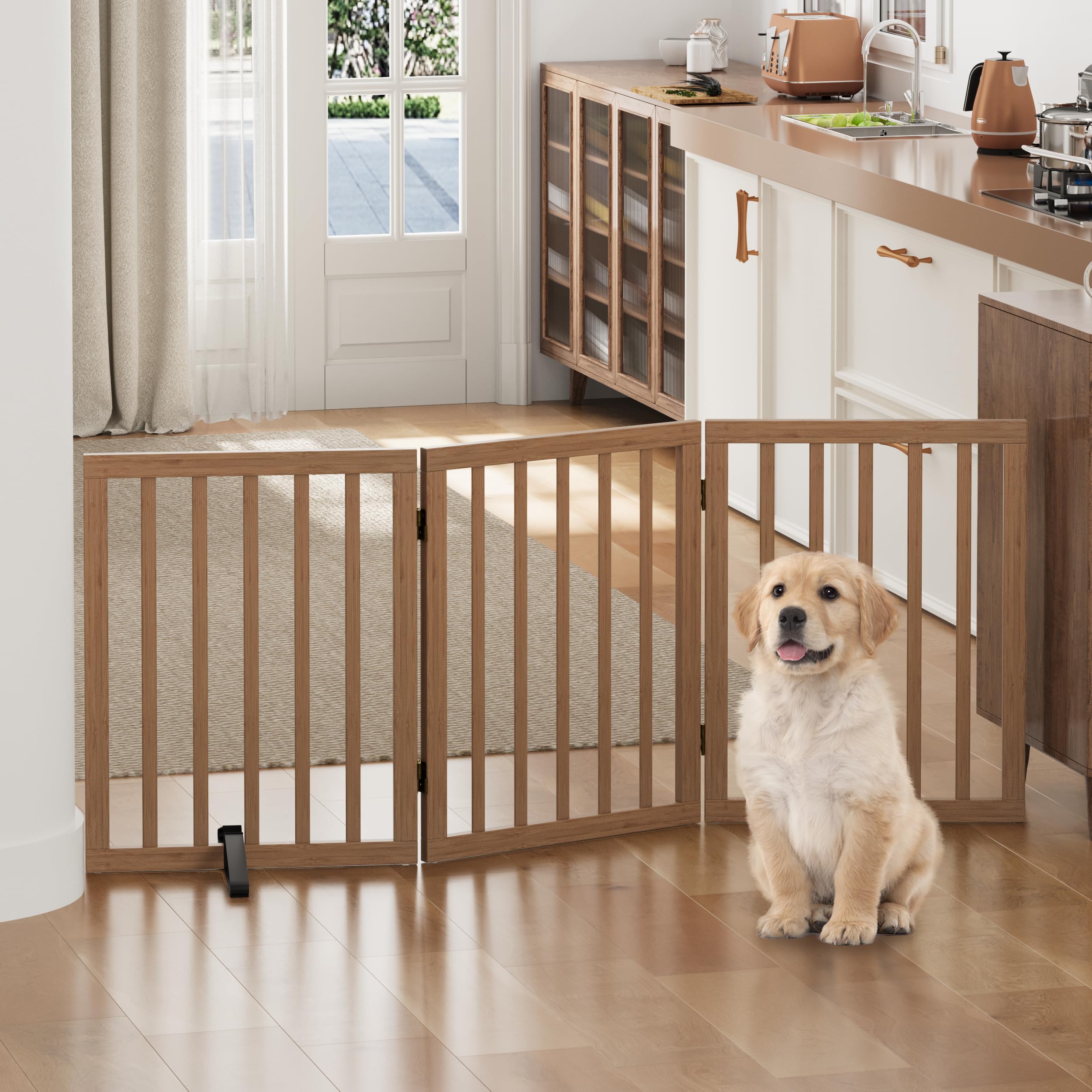Hohe Hundegitter für Türen, faltbares Hundegitter für den Innenbereich, freistehende Haustiergitter für Türen, Schlafzimmer, Welpengitter mit Metallstützfüßen, Raumteiler, 3 Paneele (dunkles Walnuss)