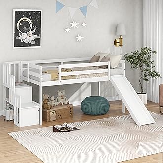 CITYLIGHT Twin Loft Bed with Slide, Low Loft Bed Frame with Stairs and Storage Shelves, Slide Loft Bed for Boys Girls, No Box Spring Needed, White