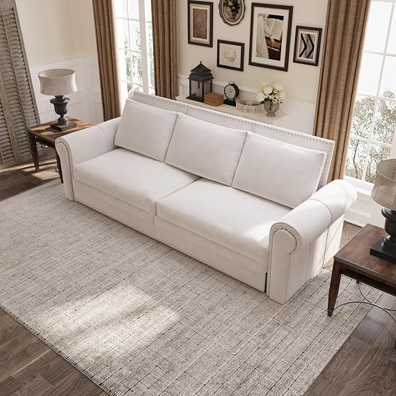 Deolme King Size Pull Out Sofa Bed, Luxury 3 in 1 Convertible Sleeper Sofa with Comfy Velvet Loveseat, Easy Pullout Futon Couch Bed for Living Room, Guest Room, Apartment, RV (Beige, 93.7 Inch)