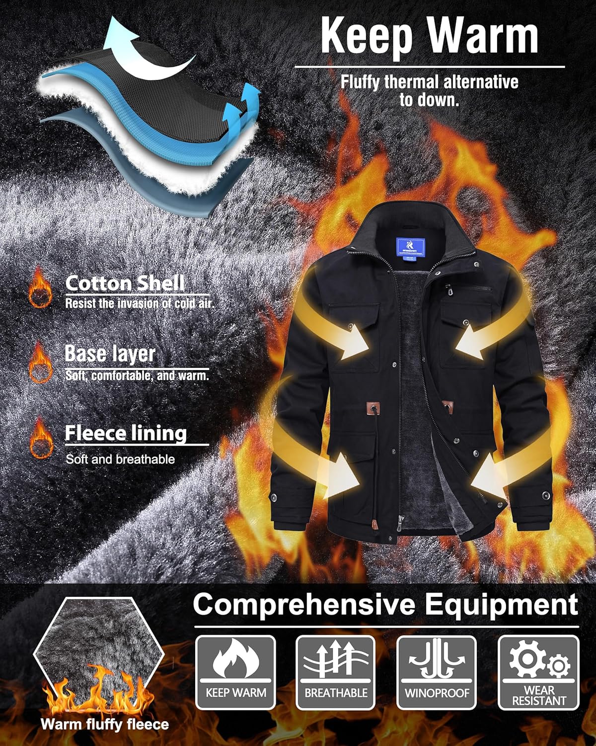 Rapoo Men's Winter Jacket Cotton Work Military Jackets Fleece Lined Thick Warm Cargo Coats with Hooded - Image 4