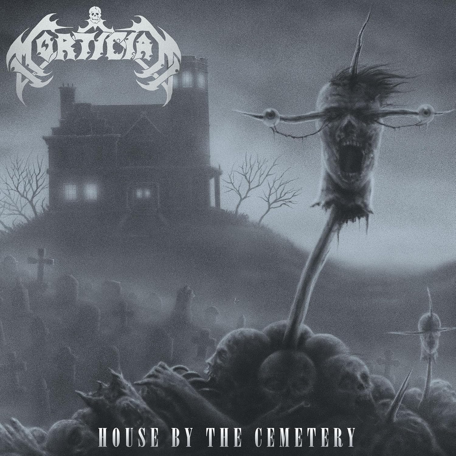 HOUSE BY THE CEMETERY (BLACK ICE WITH WHITE & BABY BLUE SPLATTER VINYL) por Mortician — capa do álbum