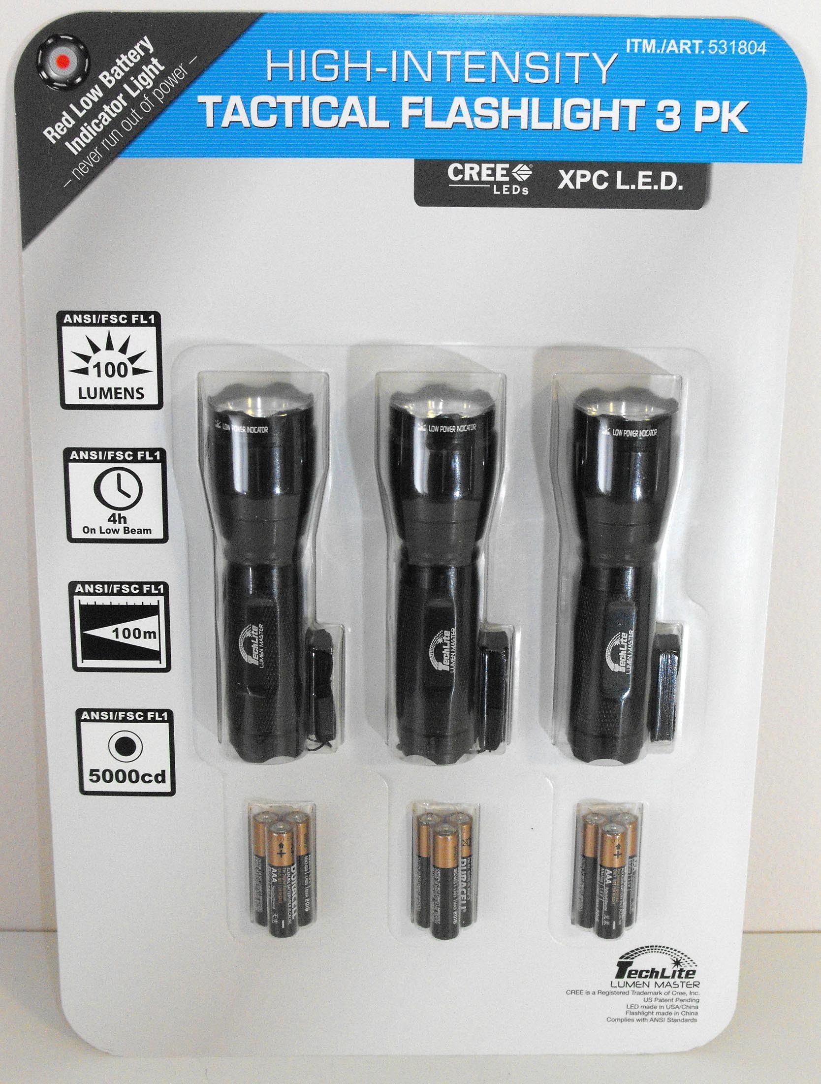 TechLite Lumen Master High-Intensity Tactical LED Flashlight 3-Pack