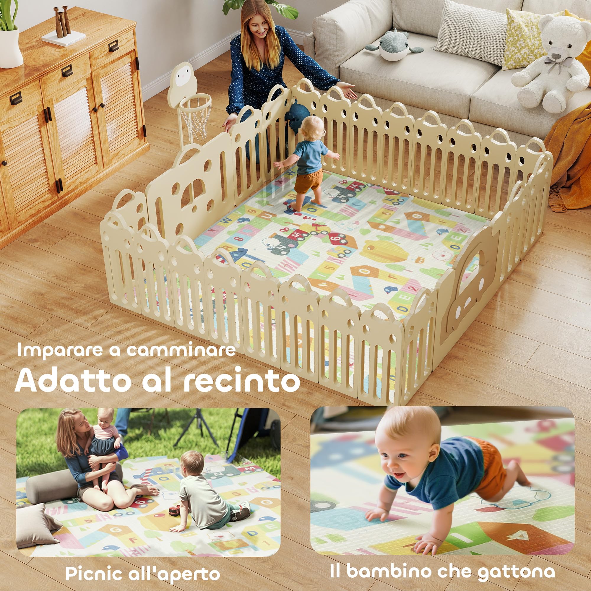 AIYAPLAY Tappeto per Bambini 0-3 Anni con Bordi Cuciti, Lettere dell'Alfabeto e Superficie Impermeabile, Tappeto Gattonamento in XPE e PE, 200x180x1.5 cm, Multicolore