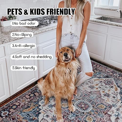 Miniatura 6 de Alfombra lavable a máquina, de 5 x 7 pies, diseño de medallón vintage, antideslizante, para sala de estar, dormitorio, resistente a las manchas,