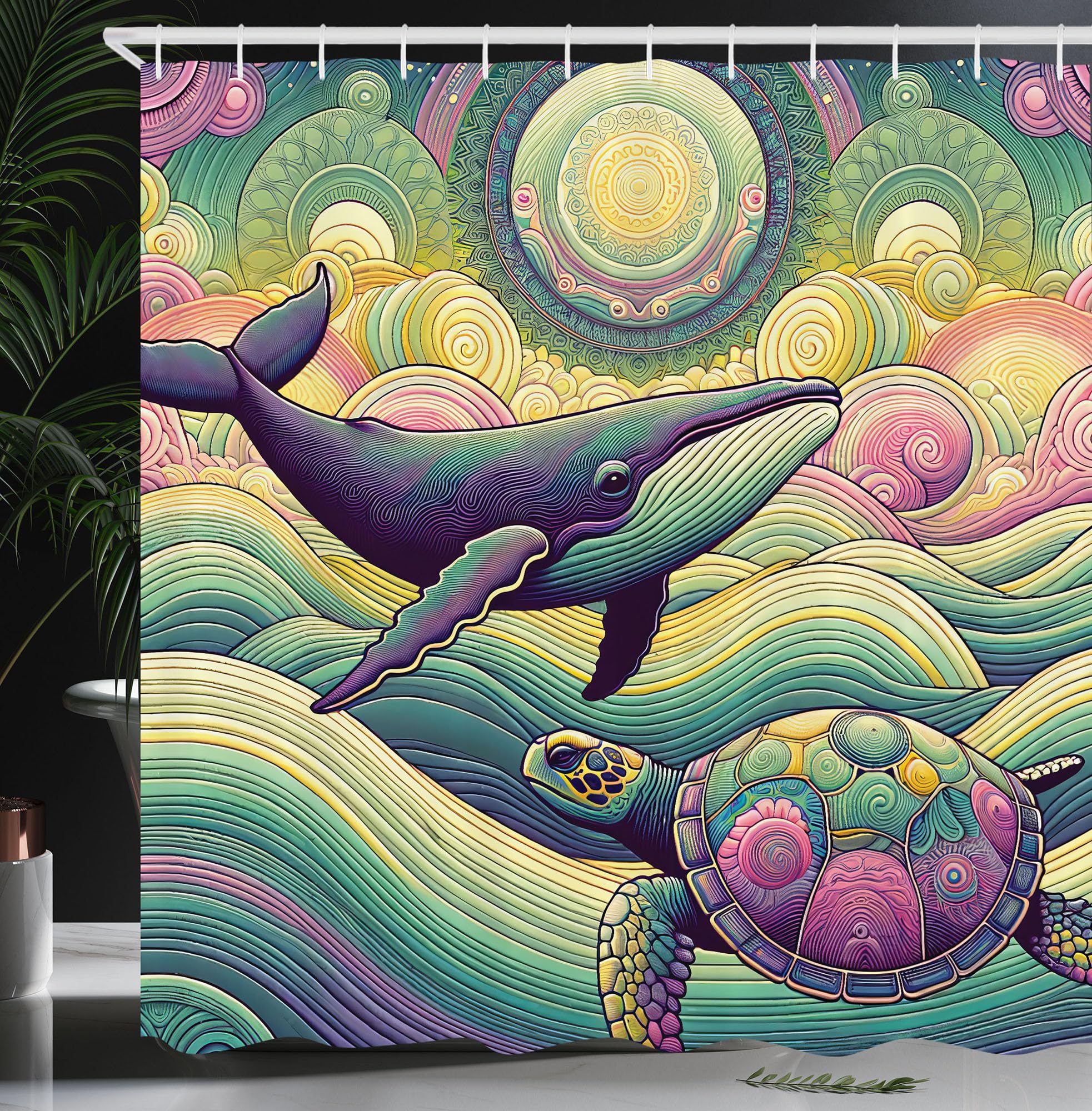 Ambesonne Nautical Shower Curtain, Whale and Turtle with Ocean Waves in Cheery and Trippy Hippie Colors, Cloth Fabric Bathroom Decor Set with Hooks,