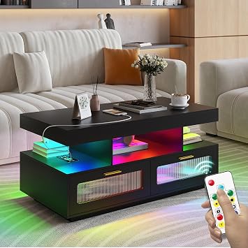 WOOVIVS LED Coffee Table with Charging Station, Modern Low Coffee Tables with Auto RGB Lights, Smart Acrylic Center Tea Table for Living Room,Small Black