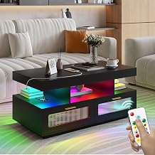 WOOVIVS LED Coffee Table with Charging Station, Modern Low Coffee Tables with Auto RGB Lights, Smart Acrylic Center Tea Table for Living Room,Small Black