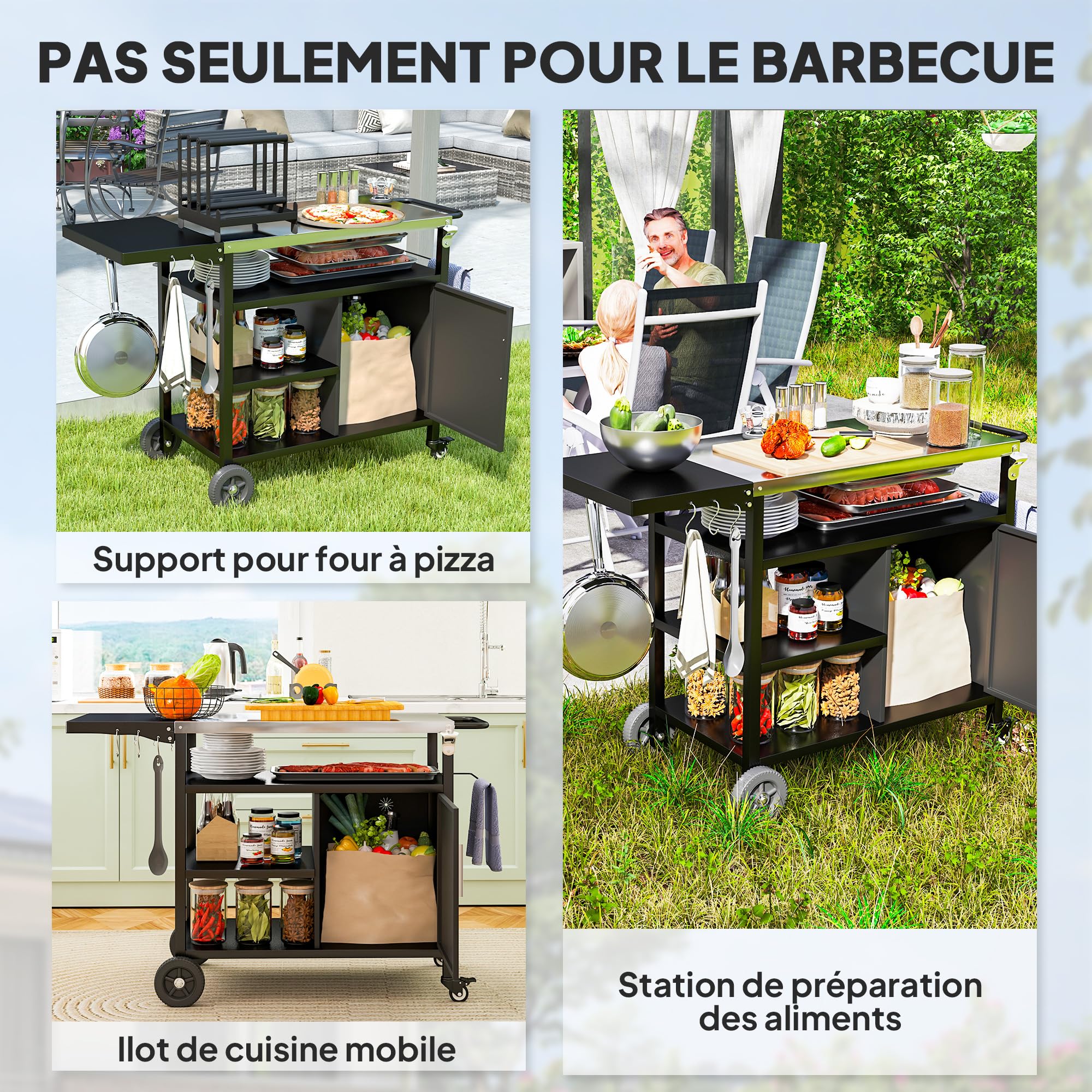 Outsunny Desserte de Jardin Chariot de Barbecue avec Plateau en Acier Inoxydable, Tablette Rabattable et Crochets, Housse Fournie, Meuble de Service Extérieur à roulettes pour Plancha, 127x51x84cm