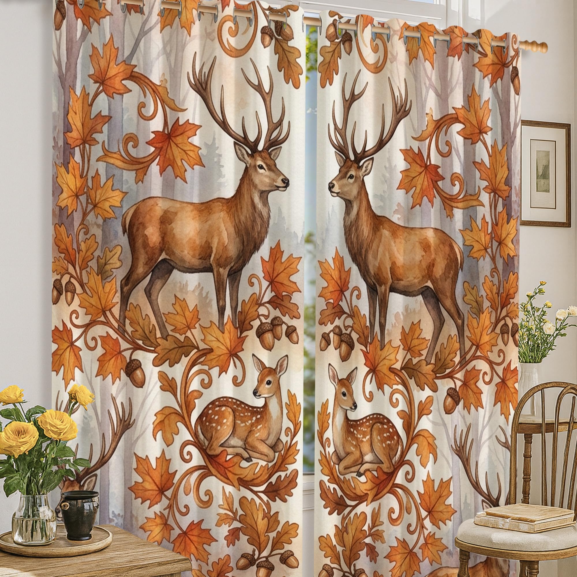 Rideaux occultants rustiques marron 132x160cm avec feuilles et glands