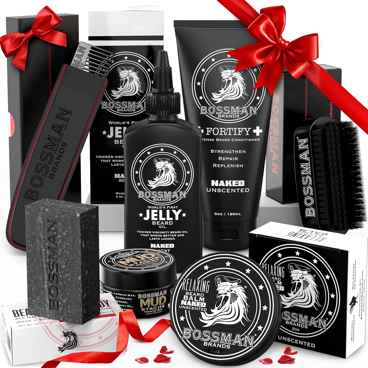 Bossman Big Boss Beard Care Kit for Men - 7 Piece Beard Grooming Kit with Jelly Beard Oil, Beard Conditioner, Beard Balm, MUDstache Wax, Bar Soap, Metal Comb, Brush - Gift Set for Men (Naked)