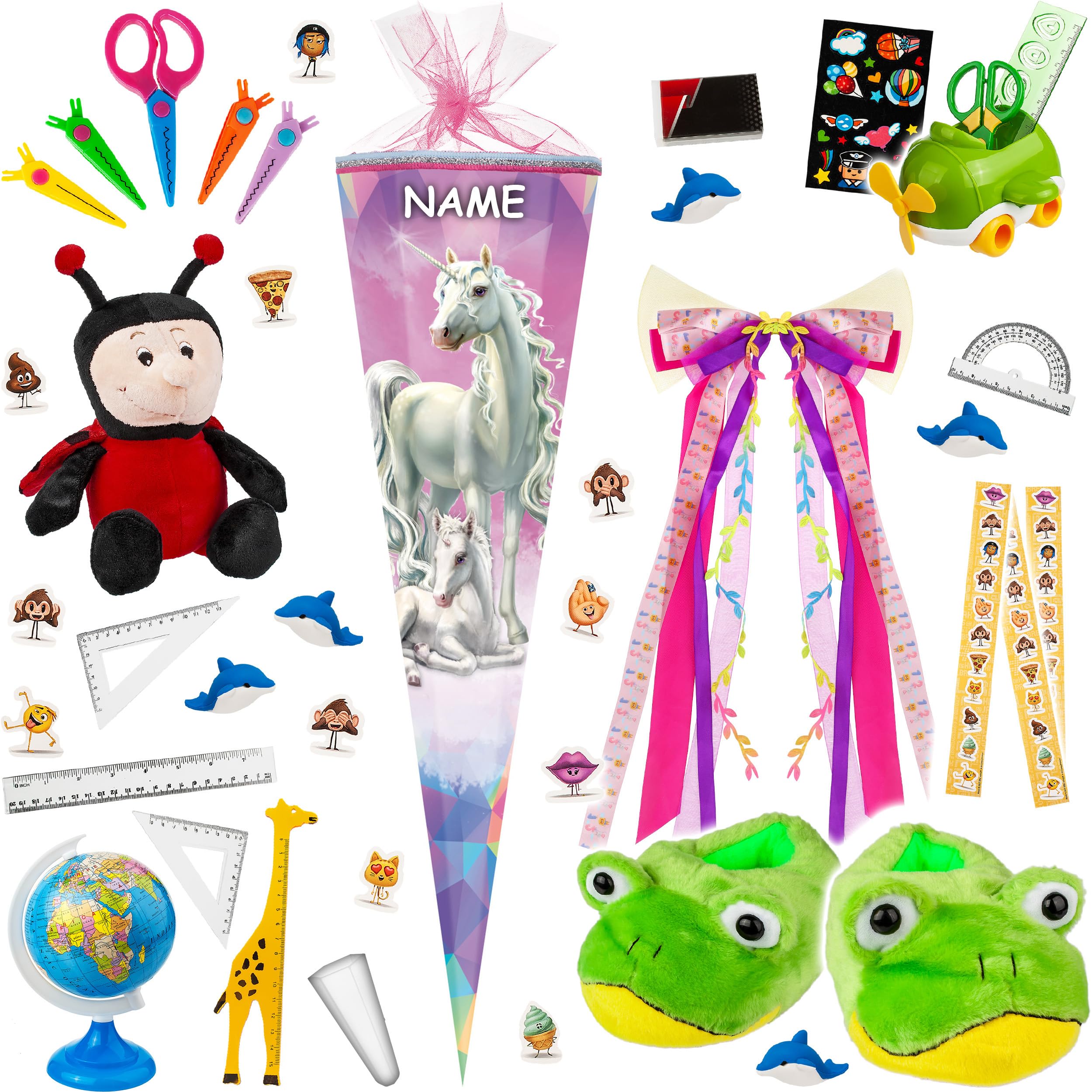 alles-meine.de GmbH Schultüte - mit Strass Perlen ! - Einhorn & Fohlen - 35-100 cm - Größe wählbar - inkl. komplette Füllung + Name + Bänder Schleife + Kunststoff Spitze - Zuck..