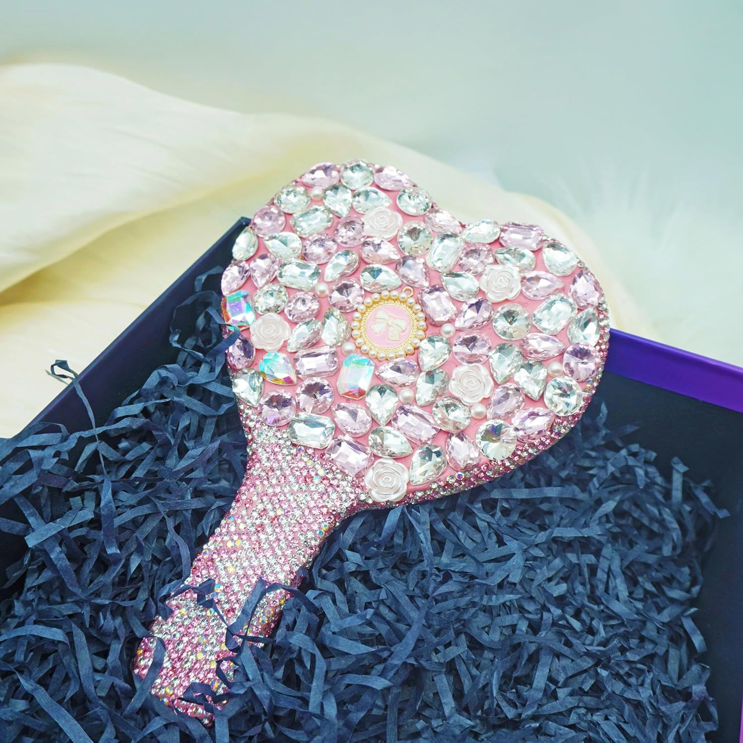 Large Rhinestone Handheld Mirror Heart Bling Glitter Cosmetic Dazzling Portable Hand Mirrors with Handle for Women Wedding Silver White (Large-Pink) image 5