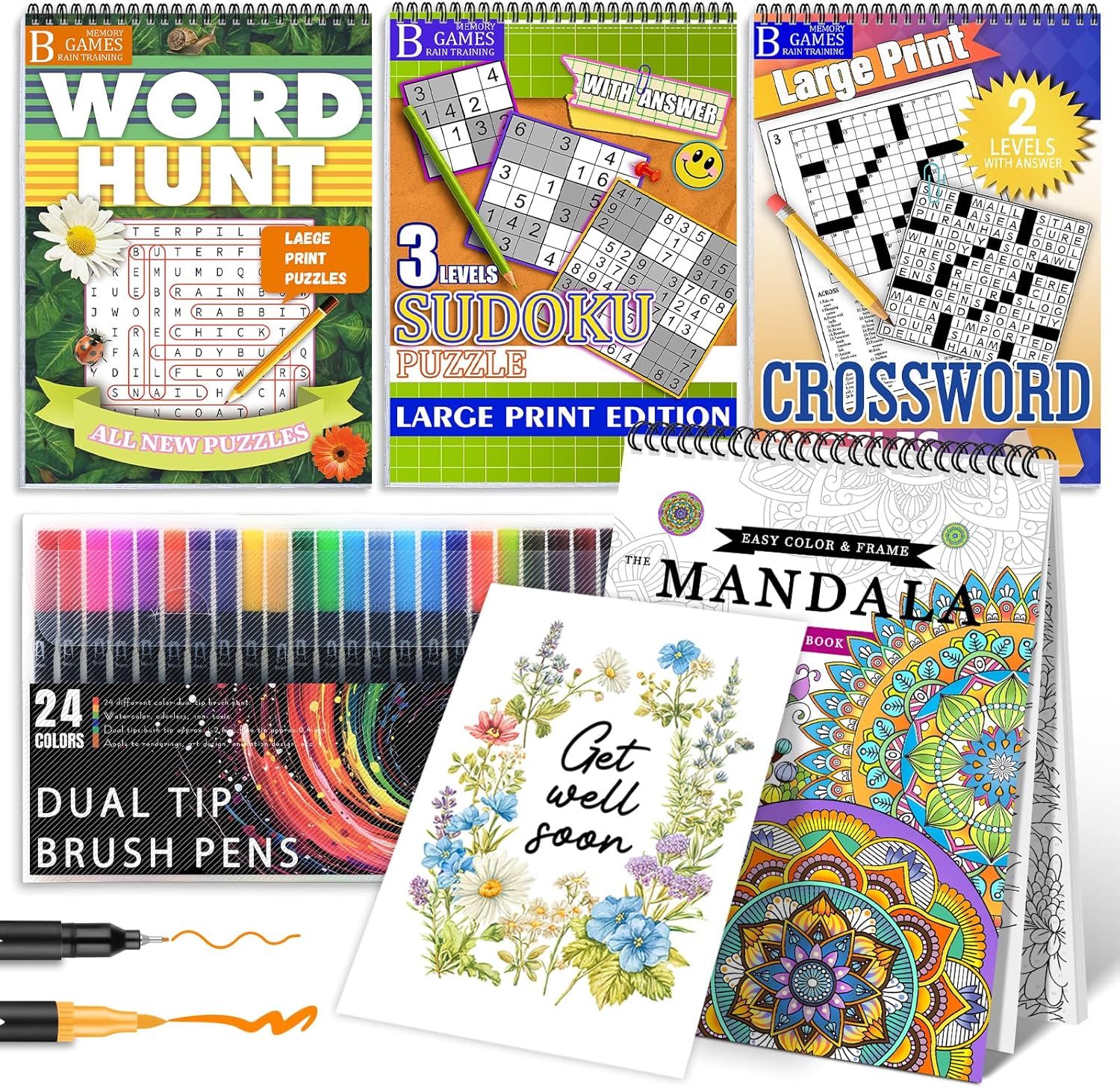 Vashly Surgery Recovery Activities for Adults with Coloring Book & 24 Color Markers- 200+ Large Print Brain Exercises | 4-Book Get Well Gift Set with Sudoku & Crosswords