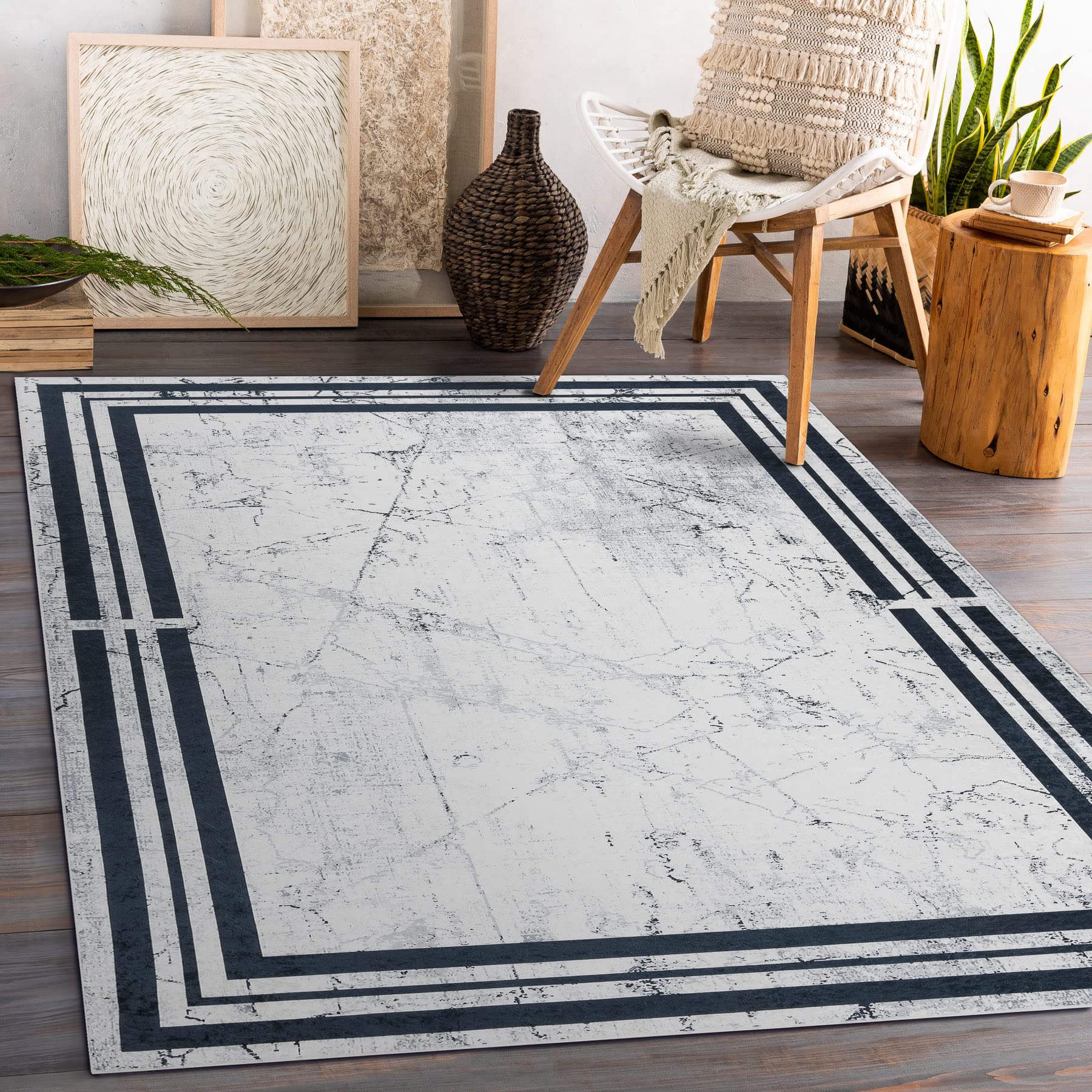 rugsx Tapis Moderne Lavable Andre pour la Chambre des Enfants, Le Salon, l'entrée, Moquette Lavable en Machine, Cadre, Marbre, antidérapant - Noir/Blanc 160x220 cm