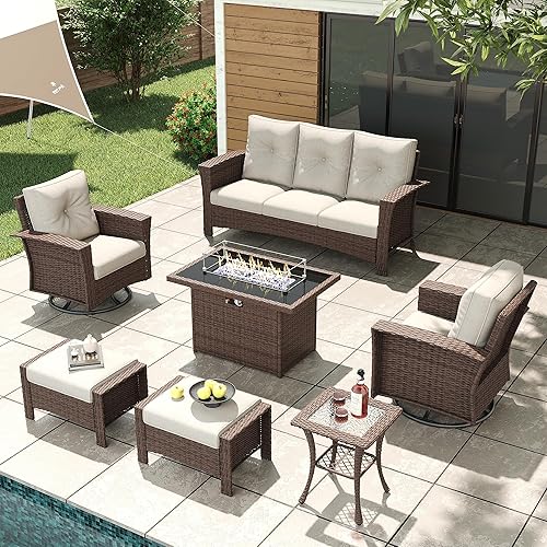LayinSun 7 Piece Wicker Patio Furniture Set with Fire Pit