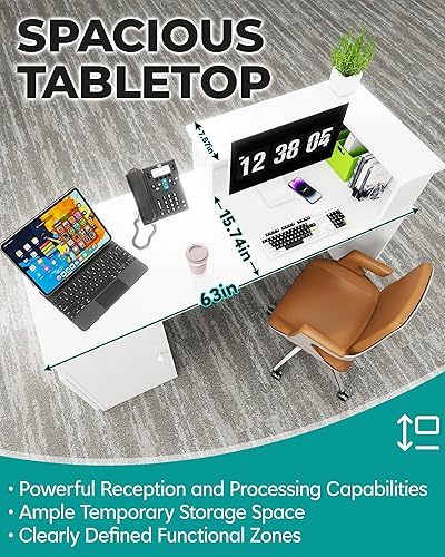 Miniatura 5 de Moderno escritorio de recepción, escritorio de recepción de madera maciza con mostrador, soporte de salida con cajón y armario con cerradura,