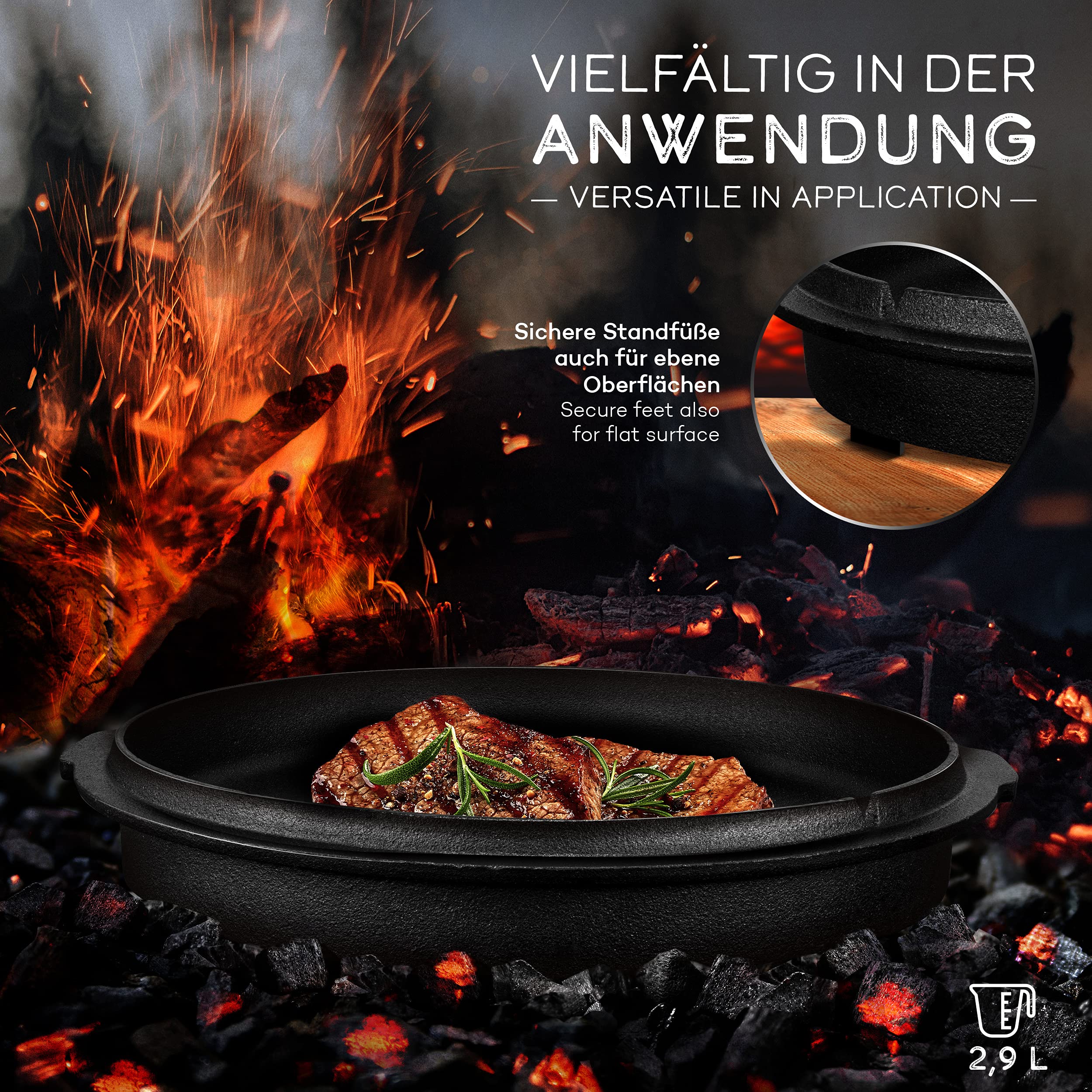 grillas Zestaw Dutch Oven wraz z pomysłami na przepisy kulinarne | już wypalony - wstępnie wypalony | garnek żeliwny I naczynie do pieczenia z uchwytem do otwierania pokrywy i uchwytem (garnek z